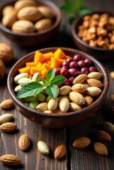 Aromatic medley of assorted nuts, seeds, and fruit segments artfully arranged in a rustic bowl, complemented by fresh herbs and scattered around on a dark wooden surface