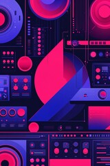 Fototapeta premium Scarlet and indigo sharp synth shapes Retro Synthwave background for card or greeting template banner backdrop