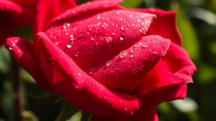 Closeup of a vibrant red rose petals covered in dew drops