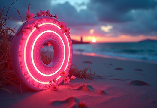 Playful Beach with flowers during neon
