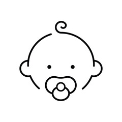 Baby line icon. Simple outline style. Infant face with pacifier and small curl. Ideal for childcare, newborn products, and parenting apps symbol. Universal sign of early childhood pictogram.