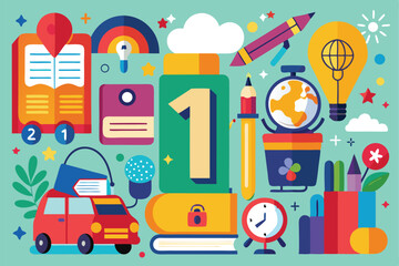 Colorful Illustration of Education and Learning Elements on Light Blue Background