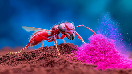 Red Ant with Pink Powder on Brown Ground Close Up