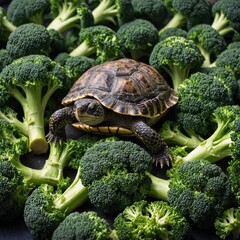 A small turtle crawling over a bunch of fresh broccoli florets on white.