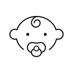 Baby line icon. Simple outline style. Infant face with pacifier and small curl. Ideal for childcare, newborn products, and parenting apps symbol. Universal sign of early childhood pictogram.