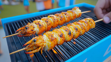 Grilled Shrimp Skewers on Blue Grill