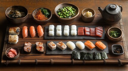 Japanese Cuisine Sushi Nigiri Sashimi Platter on Wooden Tray Edamame Ikura Ginger and Soup Bowls