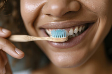 Close-up of a person brushing their teeth with a bamboo toothbrush, advocating plastic-free living.