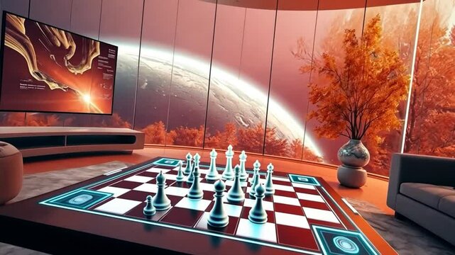 A modern room featuring a chess set and autumn foliage decor. METAVERSE, AR, VR room. 