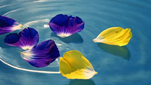 Timelapse of Royal blue and golden yellow petals floats gently on clear water. A poetic, scene evoking feelings of love, balance, and quiet joy. Perfect for romantic, mindful projects