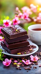 Dark chocolate bars with tea and flowers