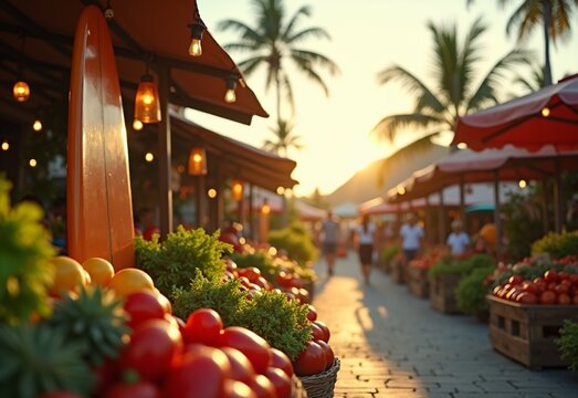Festive Farmers market with surfboard during contrasting