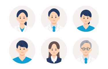 医者･看護師･医療事務の男女顔アイコンセット【人物ベクターイラスト素材】
