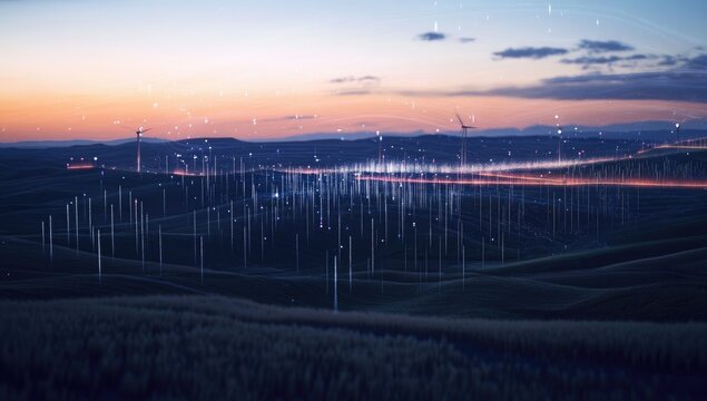 Rolling hills at dusk, dotted with wind turbines and glowing digital data streams connecting them, suggesting a smart energy grid