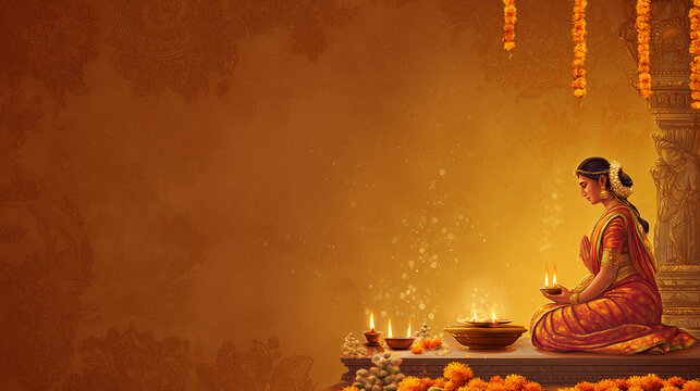 Varalakshmi Vratam, vertical banner design with orange to golden yellow gradient, home altar image decorated with marigold flowers and lamps