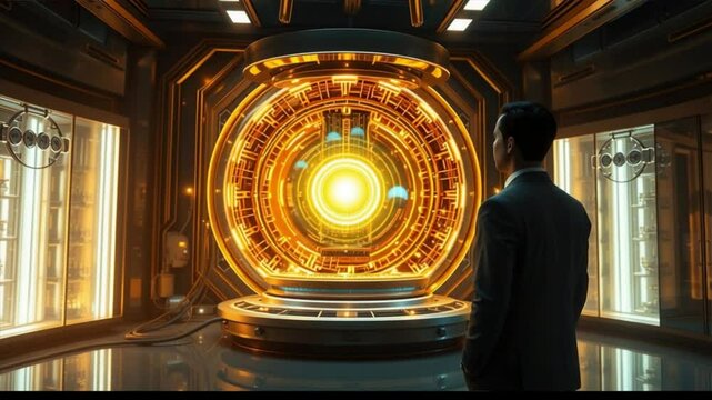 Holographic gears spin in  motion. A metaphor for innovation, leadership, and advanced technology, high tech. A  businessman in a formal suit stands in front of a futuristic quantum computer interface