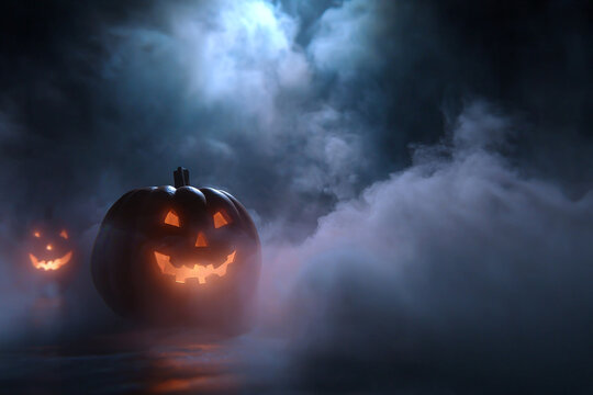 Thick fog background with pumpkin shadows, Halloween smoke scene  