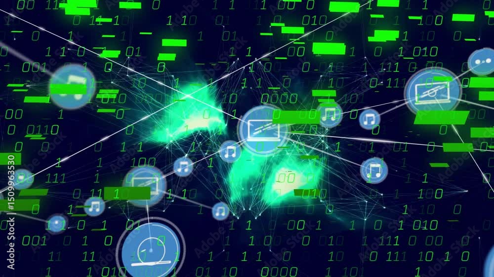 Poster 3d wireframe sphere appearing spawning icon nodes while linking data blocks showing network growth