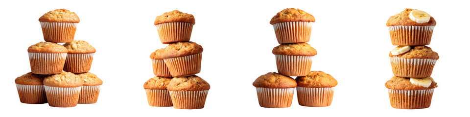 Delicious freshly baked cupcakes, beautifully stacked in varying tiers, showcasing different toppings and textures, perfect for dessert displays, events, and celebrations.