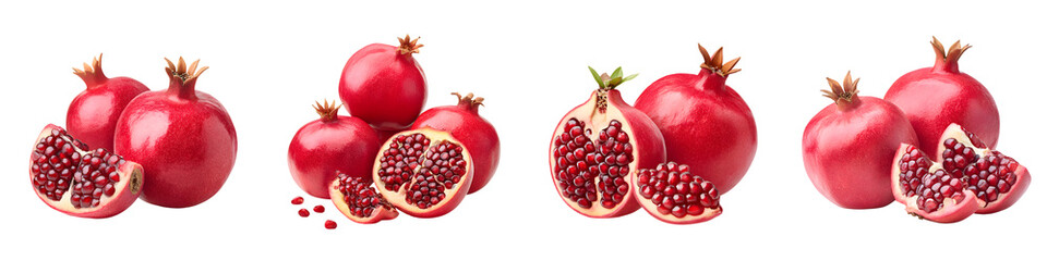 Fresh, ripe pomegranates with vibrant red skin, showcasing juicy seeds, nutritious fruit, and perfect for culinary, health, and decorative purposes in bright, inviting imagery.
