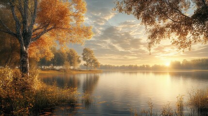 Serene autumn lake at sunrise reflects vibrant foliage painting peaceful scenic beauty evoking tranquility nature's embrace