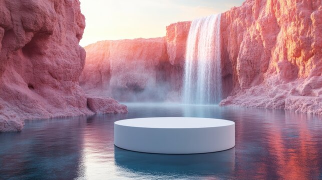 Serene Waterfall Landscape with Rocky Terrain and Platform Display Background for Product Showcase - Powered by Adobe
