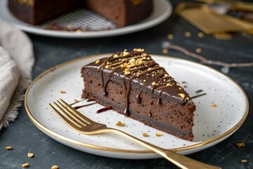 Moist Chocolate Cake Slice with Ganache and Gold Sprinkles on Elegant White Plate with Gold Rim