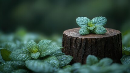 Fresh Mint Leaves on Wooden Stump in Misty Forest Setting Nature Inspired Still Life Macro Shot