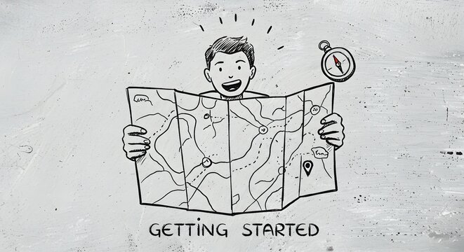 Businessman holding a paper map with a compass icon indicates the process of getting started on a new journey toward professional success and achievement.