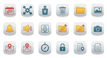 rounded square icons represent various common digital functions and objects