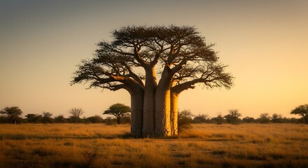 Naklejka premium Baobab tree stands tall in the vast African savanna during a peaceful golden sunset that highlights its unique trunk shape.