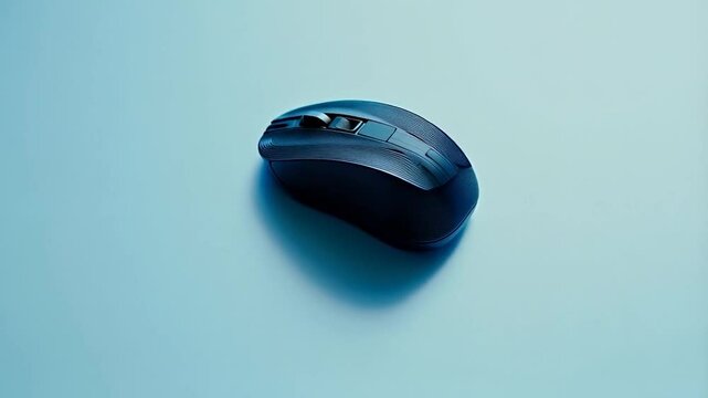Dark-toned wireless computer mouse on a light-blue surface