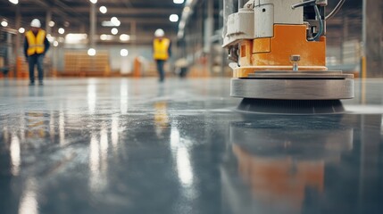 Floor polishing process industrial warehouse action shot clean environment low angle view efficiency and maintenance