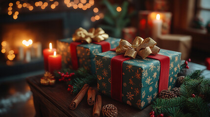 Beautifully wrapped Christmas gifts with red ribbons and golden bows placed near candles, pine branches, and festive decor in a cozy room.
