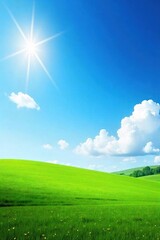 Obraz premium Azure sky, fluffy white clouds, sunlit landscape Perfect for summer, travel, or nature themes Ideal for backgrounds, websites, and print projects Serenity, peace, and idyllic scenery , vast, scenic
