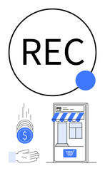 Circular recording icon, coin stack moving toward hand, digital storefront with blue accents. Ideal for e-commerce, saving, finance, digital marketing, retail technology, business simple landing