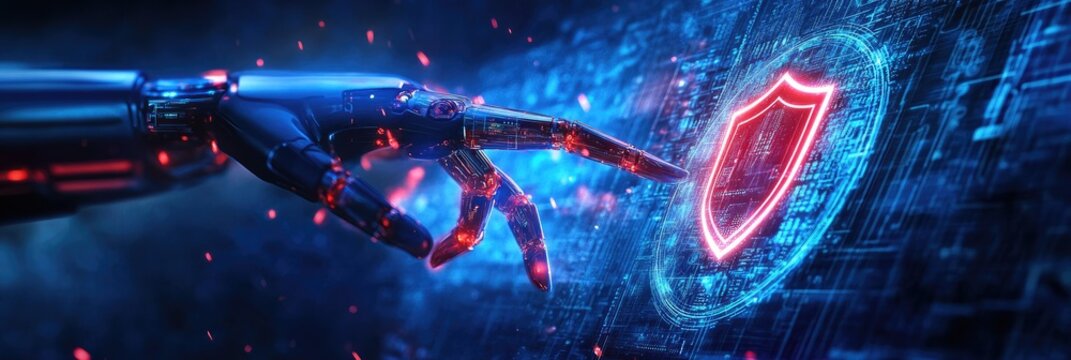 Robotic hand activates a glowing red shield icon within a digital circuit, representing advanced cybersecurity