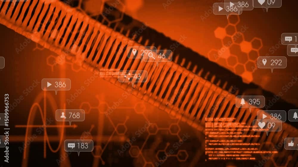 Poster fading code and waves initiating floating social icons around twisting 3d ribbon, counts updating