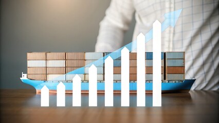 A container ship with a rising bar graph symbolizes growth in shipping and global trade.