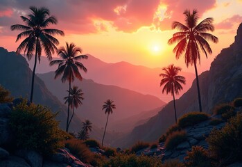Vibrant Mountains with palm trees during golden hour