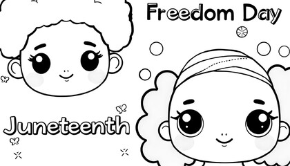 Two Adorable Cartoon Faces with Curly Hair Celebrating Juneteenth Freedom Day Coloring Page