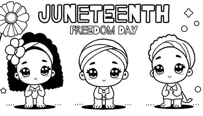 Three Charming Cartoon Characters with Headwraps Celebrating Juneteenth Freedom Day Coloring Page