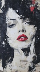 Abstract Portrait of a Woman with Red Lips and Black Hair. High quality