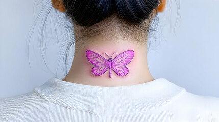 Pink Butterfly Tattoo on Woman's Neck