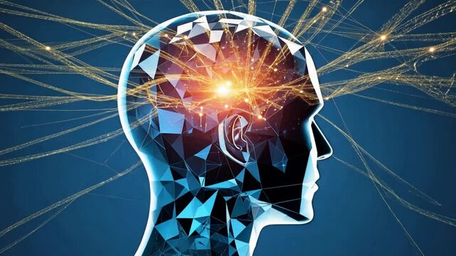 A low-poly brain emitting golden strands of energy, symbolizing AI cognition, futuristic technology, and neural connections. Technology, AI, and neuroscience themes in digital media, web design