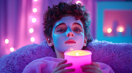 Teen Boy with a Shimmering Face Mask Relaxing with Candles