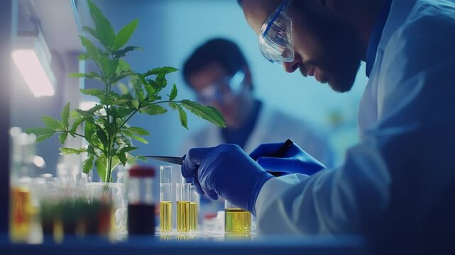 Scientist analyzing plant specimen and extracting cannabis extract in laboratory - Powered by Adobe