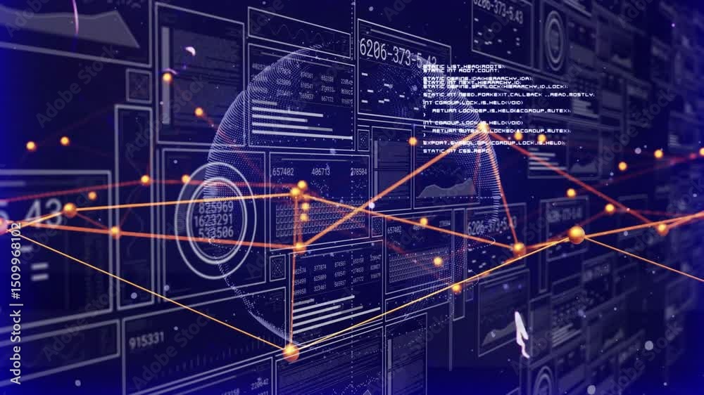 Poster on appearing globe forming orange network while rotating and animating panels showing data flow