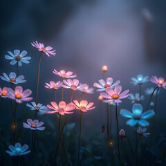 Glowing white and blue flowers at dusk
