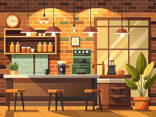 A warm vector illustration of a coffee shop interior with ambient lighting, brick wall, and counter, on a soft brown background